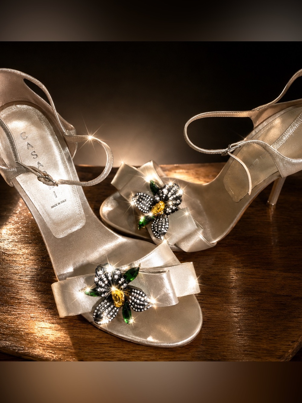 Casadei Italy Crystal Flower 4” Heels Champagne Embellished Size‎ 10B Wedding